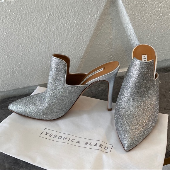 🔥$500 VERONICA BEARD🔥 Perfect “Penn” Mules Silver Glittered - Picture 4 of 16